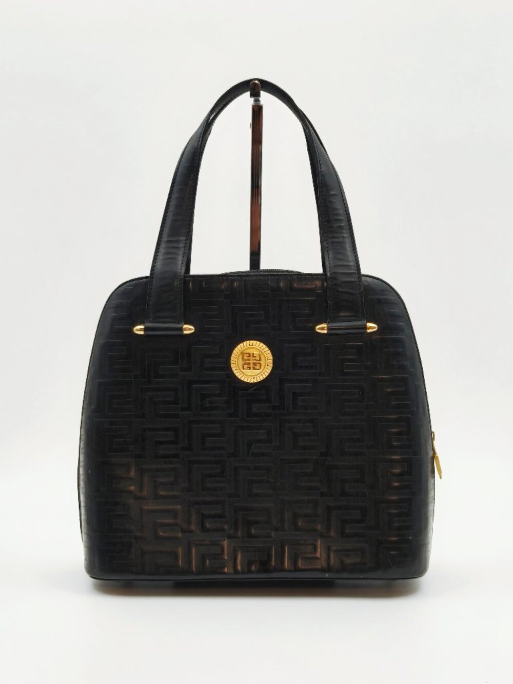 Givenchy Vintage Black Embossed Leather Top Handle Handbag Gold Tone Hardware